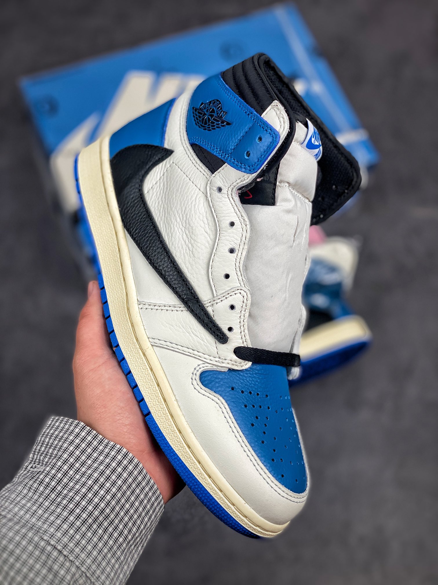 Fragment Design x Travis Scott x Air Jordan 1 Retro High 'Sail Black Military Blue' DH3227-105