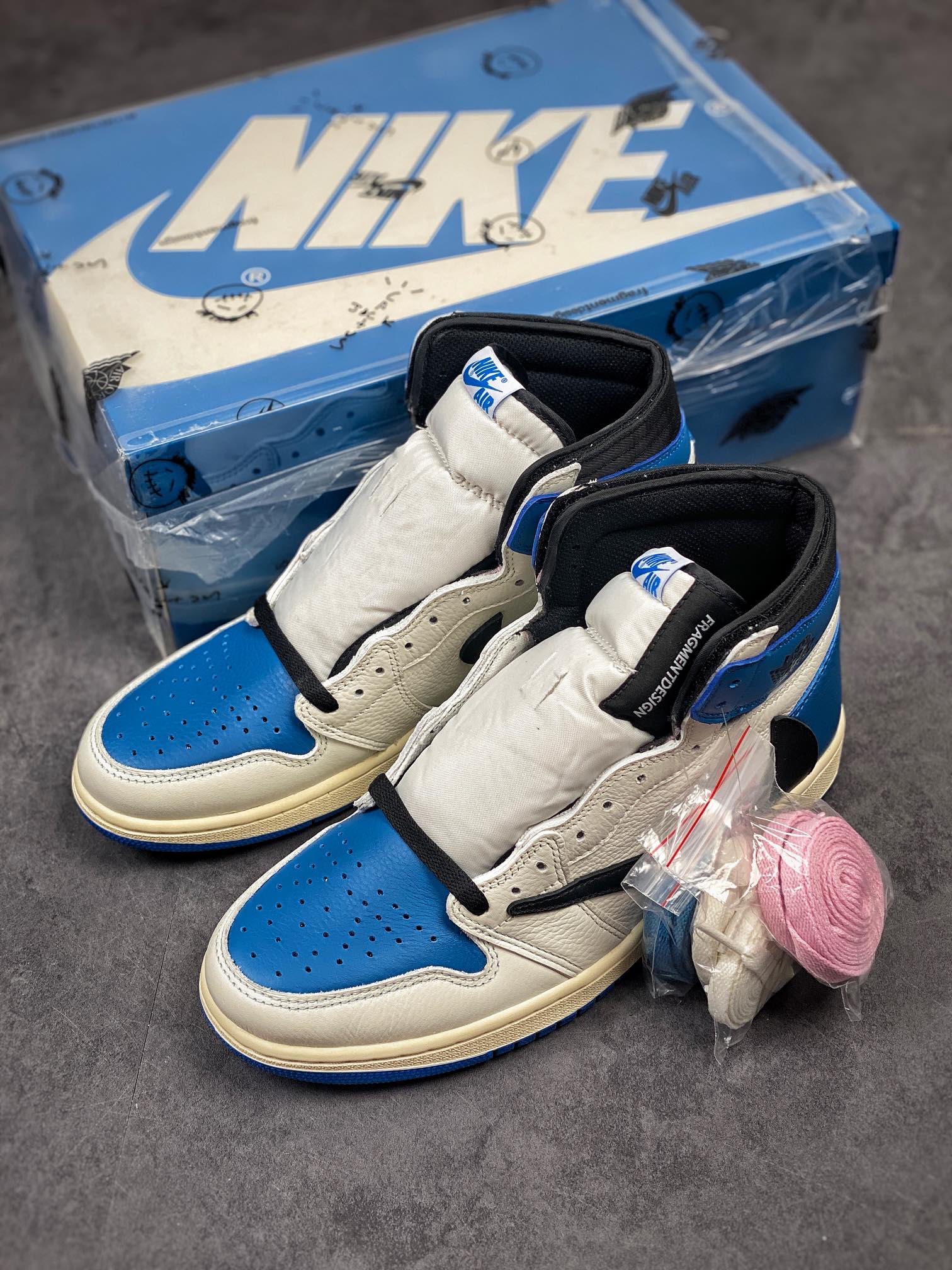 Fragment Design x Travis Scott x Air Jordan 1 Retro High 'Sail Black Military Blue' DH3227-105