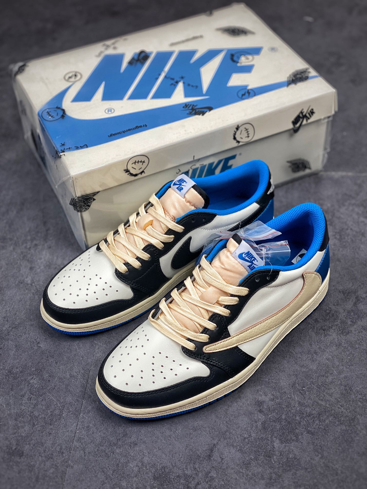 Fragment Design x Travis Scott x Air Jordan 1 Retro Low 'Sail Black Military Blue' DM7866-140