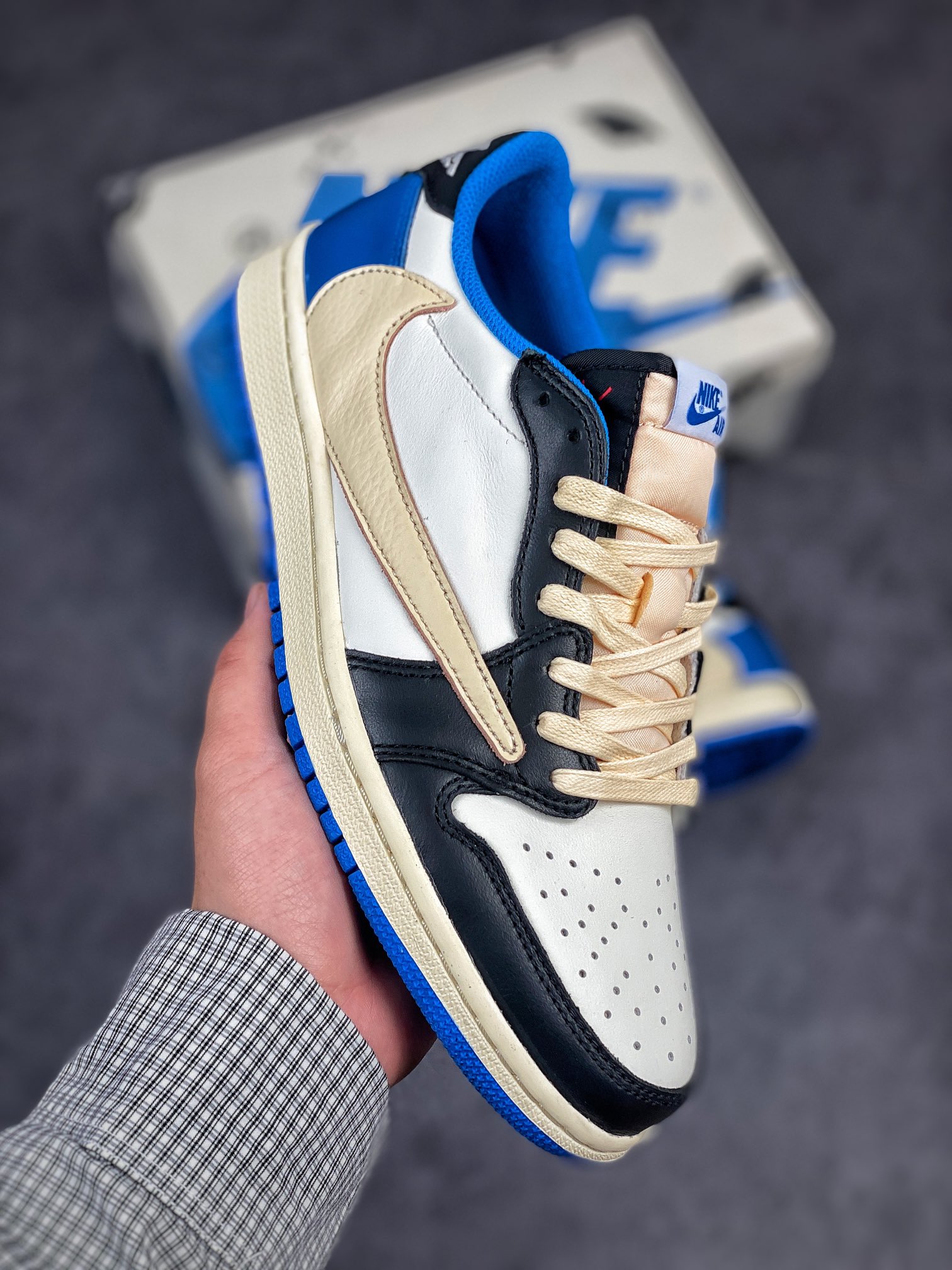 Fragment Design x Travis Scott x Air Jordan 1 Retro Low 'Sail Black Military Blue' DM7866-140